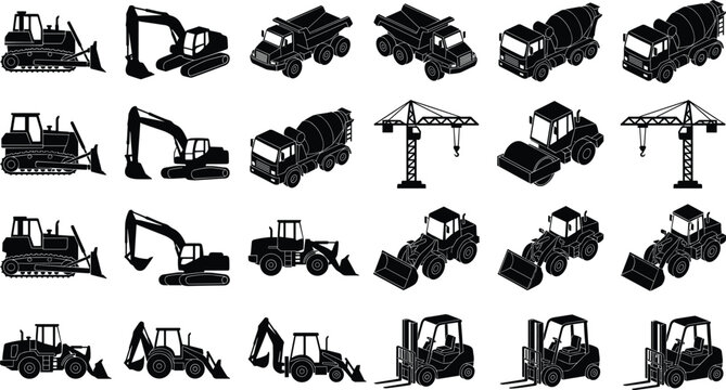 Set of heavy construction equipment silhouettes with excavator crane forklift and bulldozer for industrial graphic design