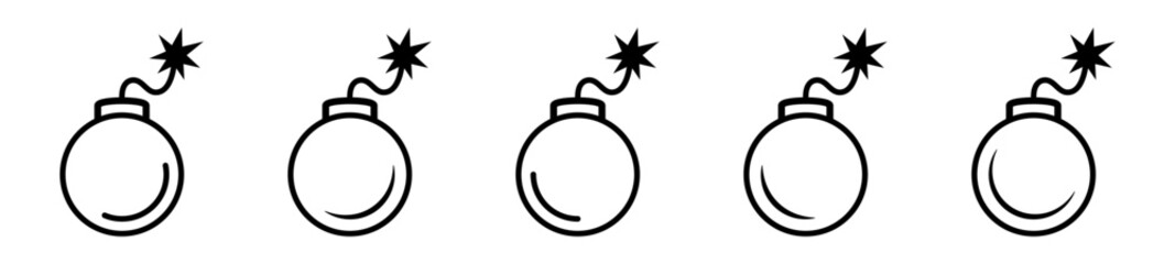 Bomb outline icon set with burning fuse and spark with variable line thickness. Black line dynamite bomb, explosion, danger, deadline, and gaming asset concept. © Maksim