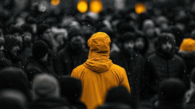 A solitary figure in a bright yellow coat stands out in a monochrome crowd