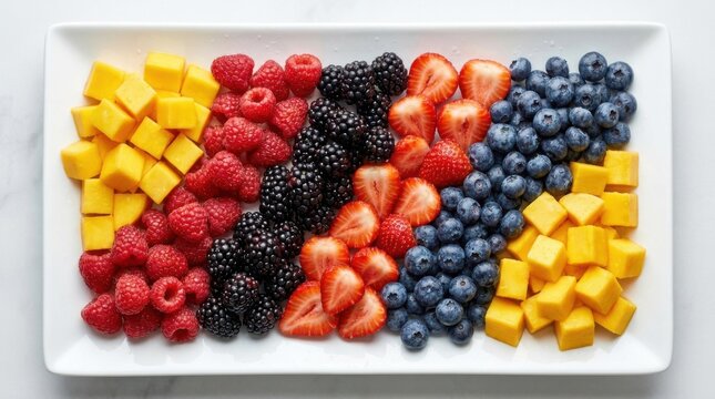 Fresh fruit platter with mango cubes, raspberries, blackberries, strawberries and blueberries
