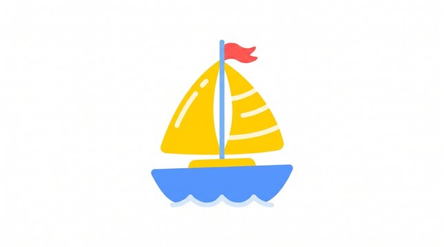 Cute cartoon sailboat icon with yellow sails and red flag
