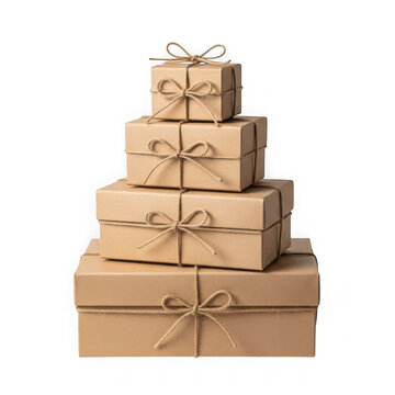 Stack of wrapped gifts tied with brown ribbons isolated on transparent background