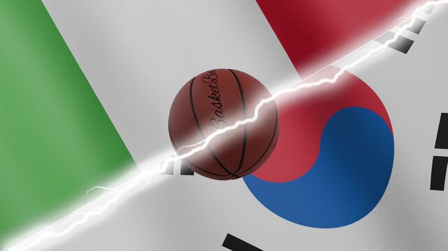 Spinning basketball ball against waving flags South Korea and Italy separated by a diagonal electric effect, seamless 4k loop
