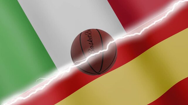 Spinning basketball ball against waving flags Spain and Italy separated by a diagonal electric effect, seamless 4k loop