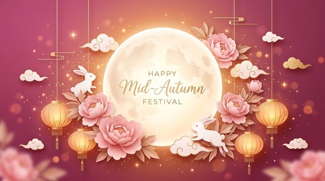Mid Autumn Festival greeting card with paper cut rabbits flowers and glowing lanterns on purple background