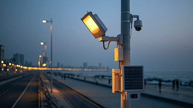 Dusk reveals a streetlamp and camera overlooking a coastal promenade