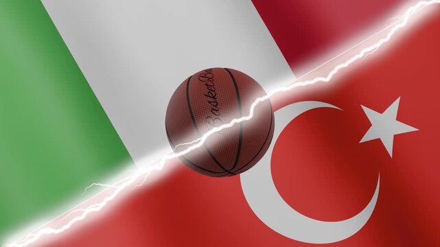 Spinning basketball ball against waving flags Turkey and Italy separated by a diagonal electric effect, seamless 4k loop