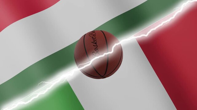 Spinning basketball ball against waving flags Italy and Hungary separated by a diagonal electric effect, seamless 4k loop