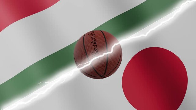 Spinning basketball ball against waving flags Japan and Hungary separated by a diagonal electric effect, seamless 4k loop