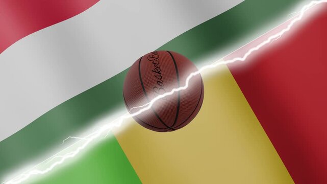 Spinning basketball ball against waving flags Mali and Hungary separated by a diagonal electric effect, seamless 4k loop