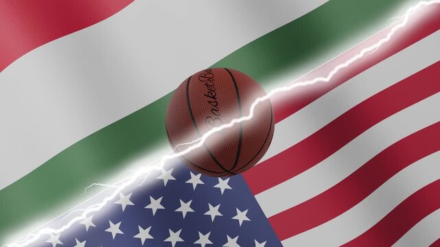 Spinning basketball ball against waving flags United States of America and Hungary separated by a diagonal electric effect, seamless 4k loop