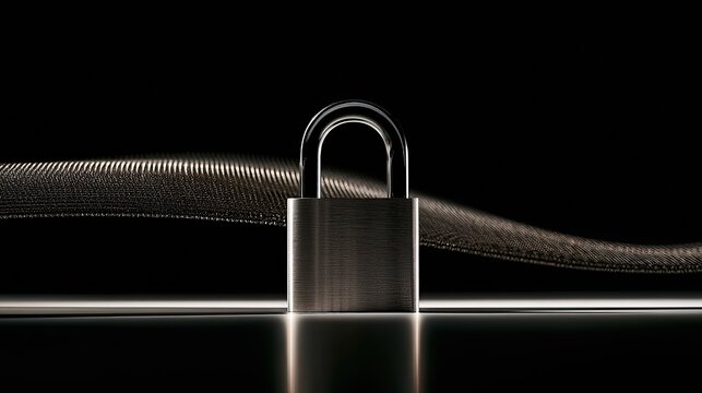 A silver padlock sits on a dark reflective surface with a shiny, wavy metallic object behind it