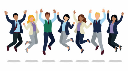 Obraz premium Excited diverse business team jumping, celebrating success and achievement