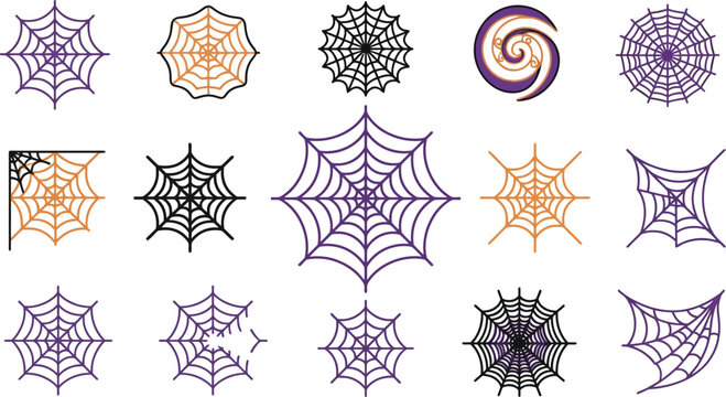 Collection of various hand drawn spider web illustrations isolated on white background for spooky halloween party decoration and creepy festive graphic design projects