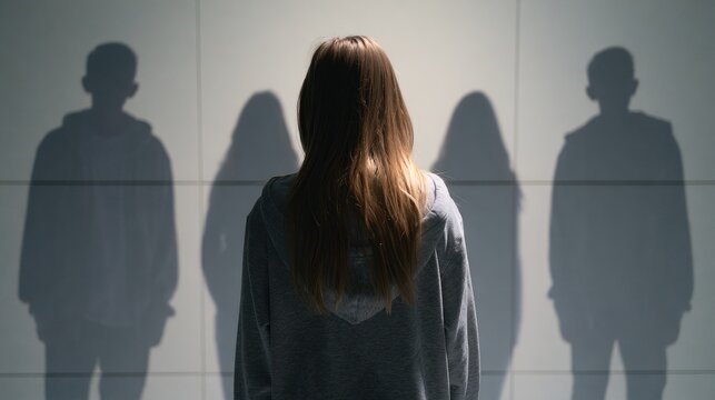 Young person's back to camera, facing shadows of two figures