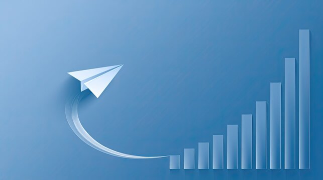 Paper airplane ascends above rising bar chart on blue background
