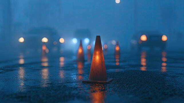 Orange traffic cones glow in misty, wet road with blurred car lights ahead