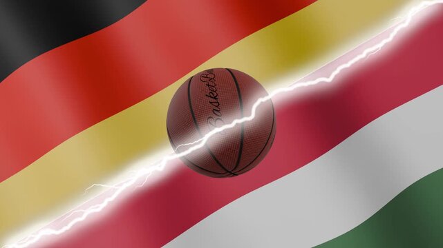 Spinning basketball ball against waving flags Hungary and Germany separated by a diagonal electric effect, seamless 4k loop