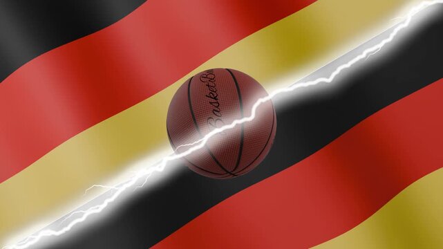 Spinning basketball ball against waving flags Germany and Germany separated by a diagonal electric effect, seamless 4k loop