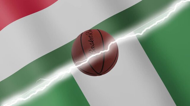 Spinning basketball ball against waving flags Nigeria and Hungary separated by a diagonal electric effect, seamless 4k loop