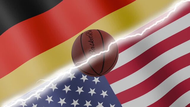 Spinning basketball ball against waving flags United States of America and Germany separated by a diagonal electric effect, seamless 4k loop