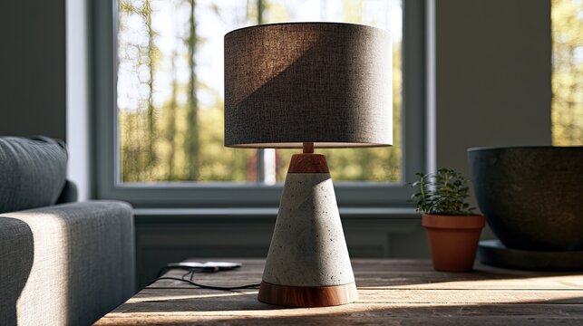 A modern lamp with a concrete base and fabric shade sits on a table