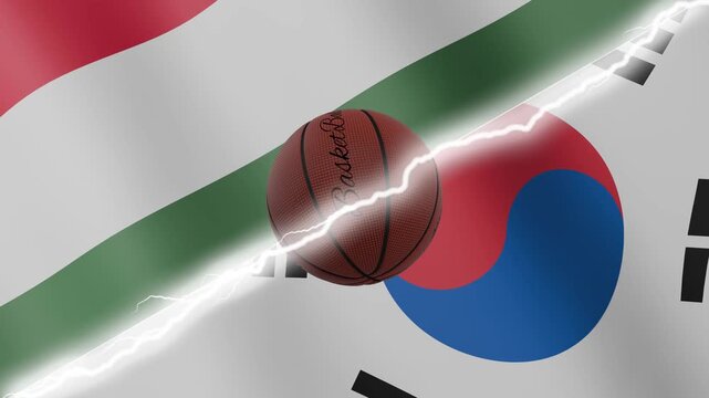 Spinning basketball ball against waving flags South Korea and Hungary separated by a diagonal electric effect, seamless 4k loop