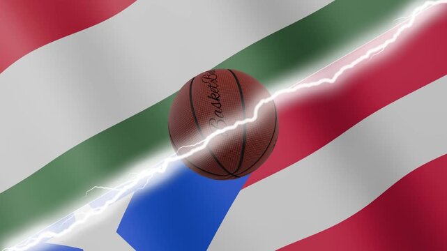 Spinning basketball ball against waving flags Puerto Rico and Hungary separated by a diagonal electric effect, seamless 4k loop