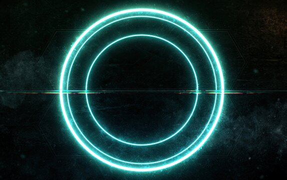 Vibrant blue concentric circles glow against a dark, textured digital background