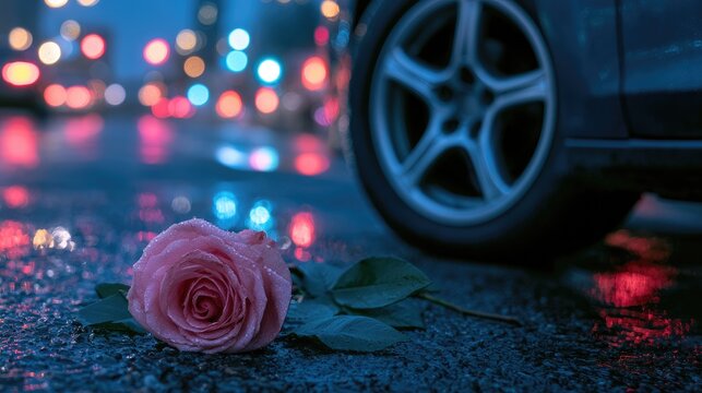 A single pink rose lies on a wet city street at night