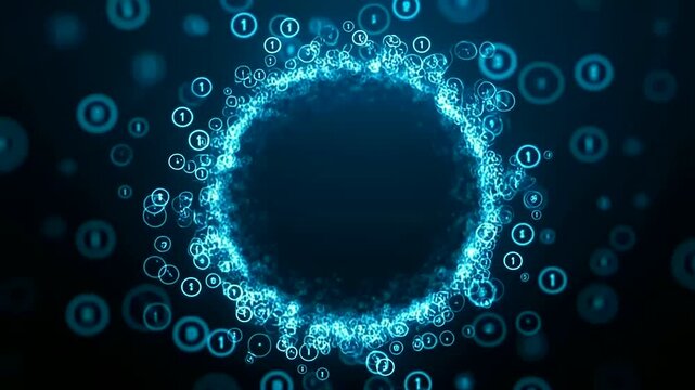 Chat Bubble Hologram Forming Glowing Digital Ring of Abstract Communication Icons in Dark Space