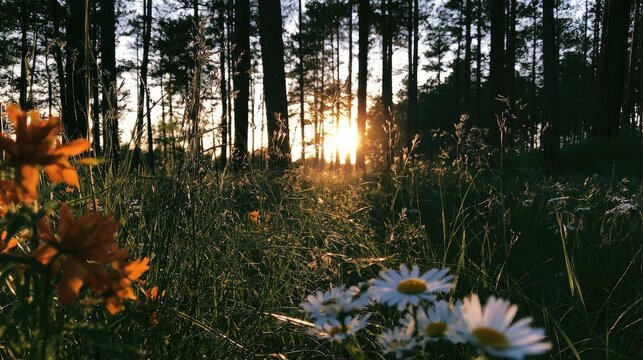 Golden sunlight streams through tall trees onto a meadow of wildflowers