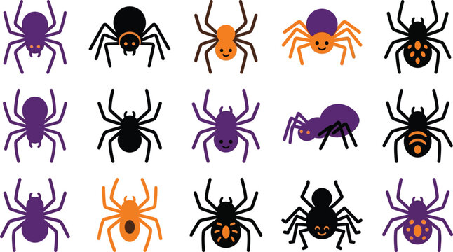 Set of various colorful cartoon spider illustrations isolated on white background for halloween decorations and festive party design elements and graphic projects