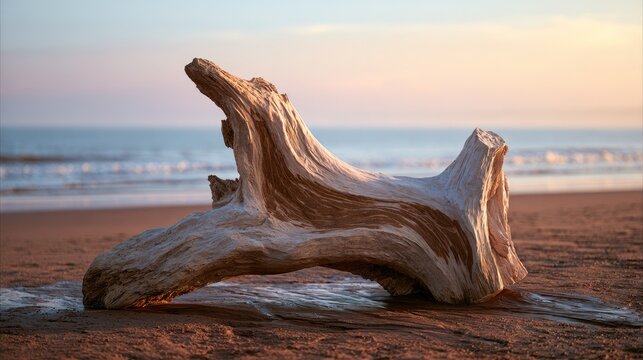 Sunlit driftwood rests on a sandy shore with gentle waves