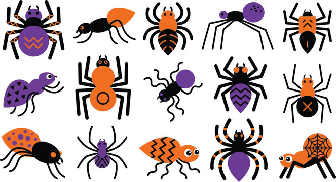 A collection of various spooky spider illustrations featuring orange and purple colors perfect for a fun and creative halloween party decoration design project