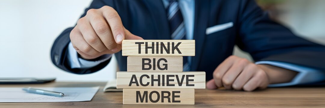Corporate leader building a structure of wooden blocks inscribed with positive business philosophy