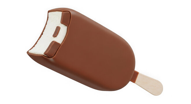 Chocolate ice cream popsicle with bite mark isolated on white background.