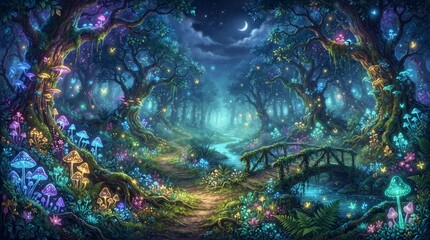 Enchanted forest landscape with glowing mushrooms and a wooden bridge at night. © Miya