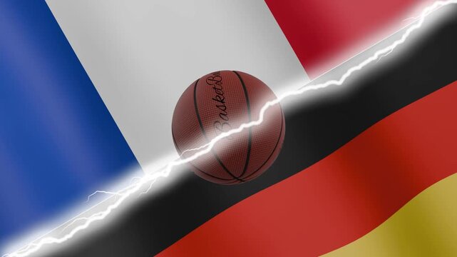Spinning basketball ball against waving flags Germany and France separated by a diagonal electric effect, seamless 4k loop