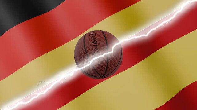 Spinning basketball ball against waving flags Spain and Germany separated by a diagonal electric effect, seamless 4k loop