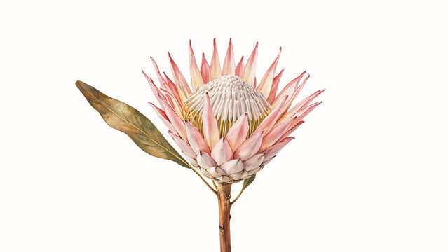 Pink and white protea flower with brown leaf on white background, botanical illu