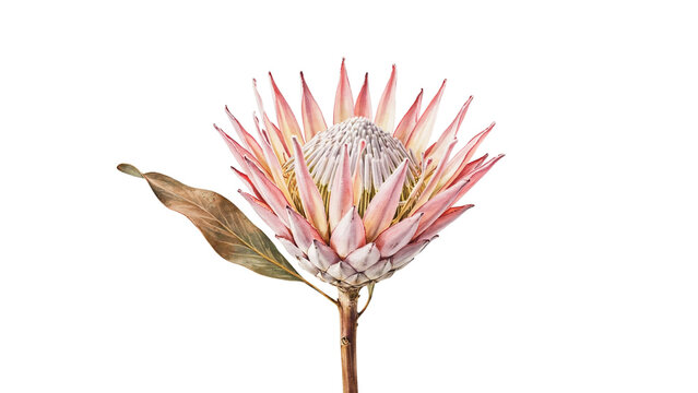 Detailed view of a protea flower with pink and red petals and a textured center
