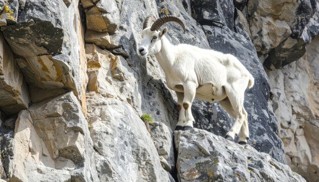 Mountain goat perched on a steep rocky mountain cliff.