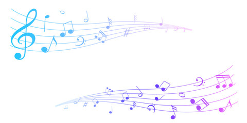 Obraz premium Colorful wavy musical staff notation with melody clefs notes