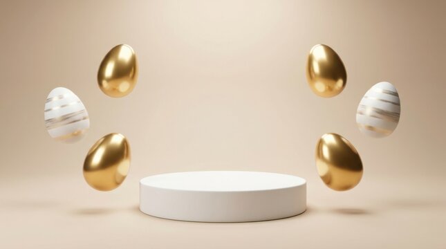 Easter podium with floating golden and decorative eggs