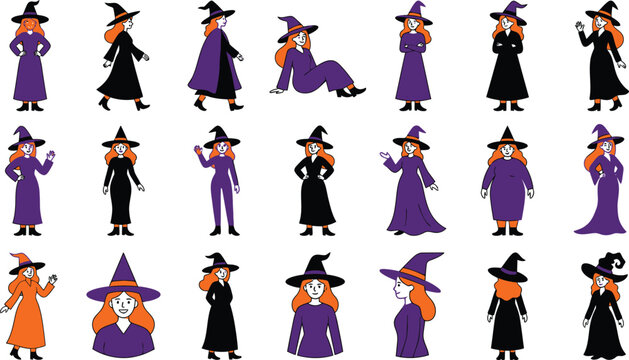 Set of cute cartoon witch characters in various poses wearing pointed hats and robes for a fun and festive halloween celebration design project