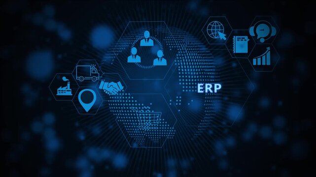 Enterprise resource planning erp software system interface featuring digital global network connectivity for business management, supply chain optimization, and corporate data analytics solutions