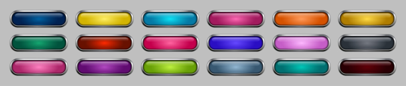Glossy Metallic Bezel Rounded Rectangular UI Buttons in Varied Colors for Web and App Interface Design, Editable AI file
