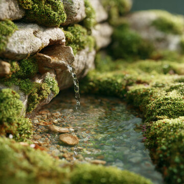 Moss-covered rocks and gentle stream create a tranquil oasis in a serene natural setting