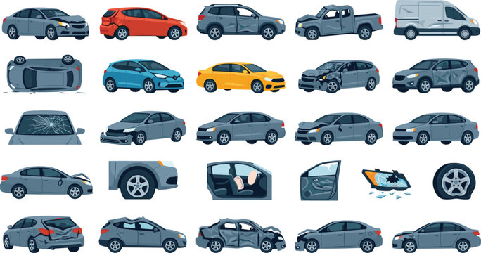 Damaged Car Vector Element Set with Wrecked Vehicles, Auto Accidents, Broken Parts, Crashed Trucks, and Salvage Junk Icons for Insurance and Safety Designs
